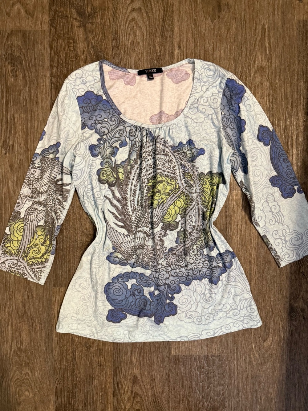 Yukiko Light Blue Y2K Paisley & Floral Scoop Neck Long Sleeve Top